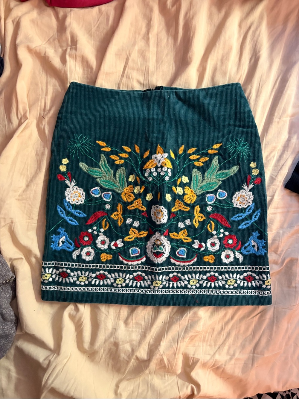 Simplee Apparel Dark Green Corduroy Mini Skirt with Multicolor Floral Embroidery